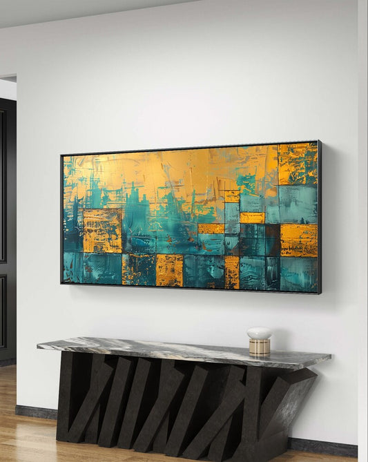 Teal blue and Mustard Abstract Art