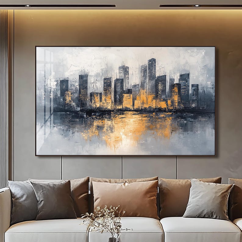 Golden Cityscape Canvas Painting